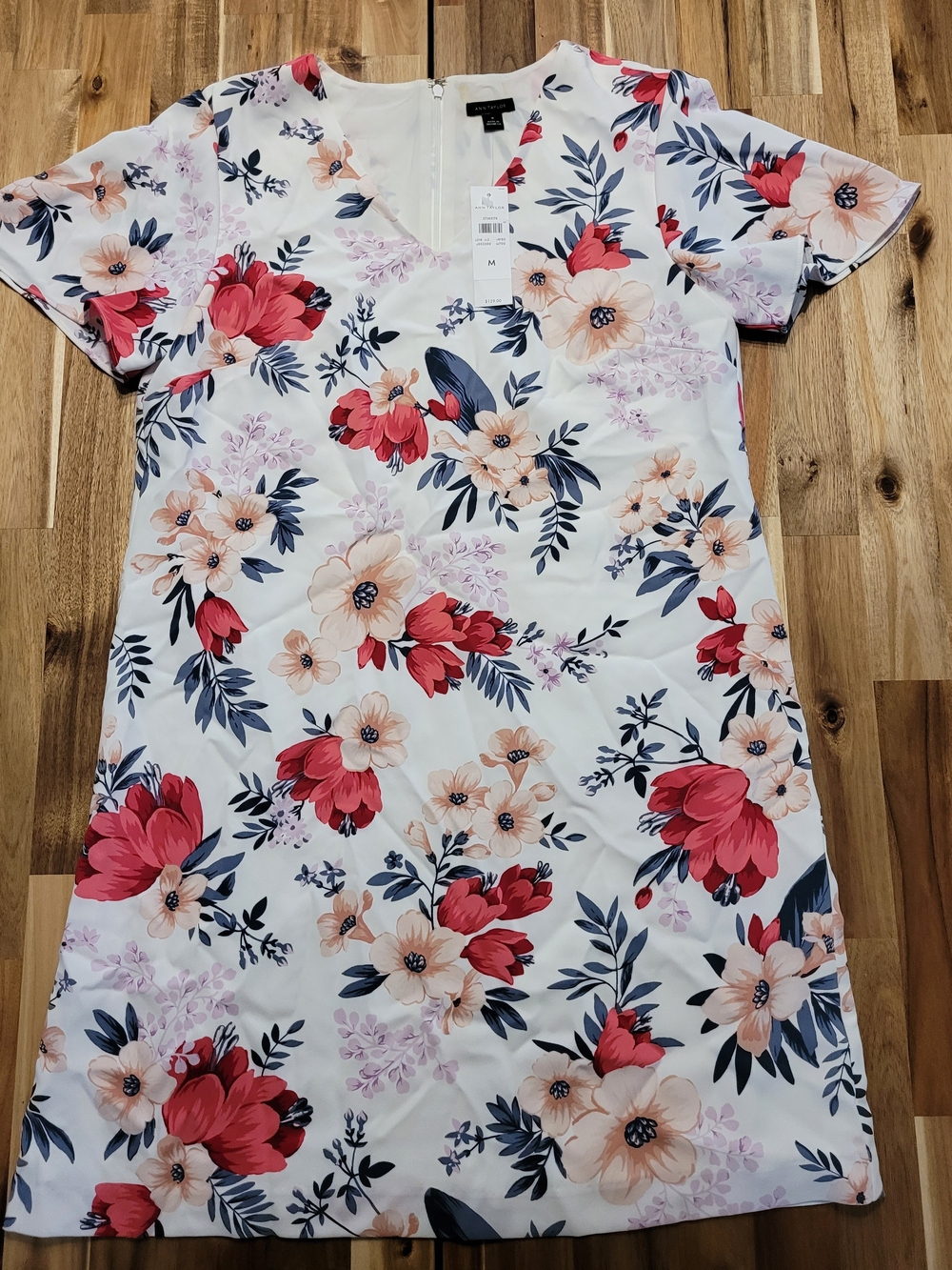 Floral Shift Dress- White with Red & Peach Flowers